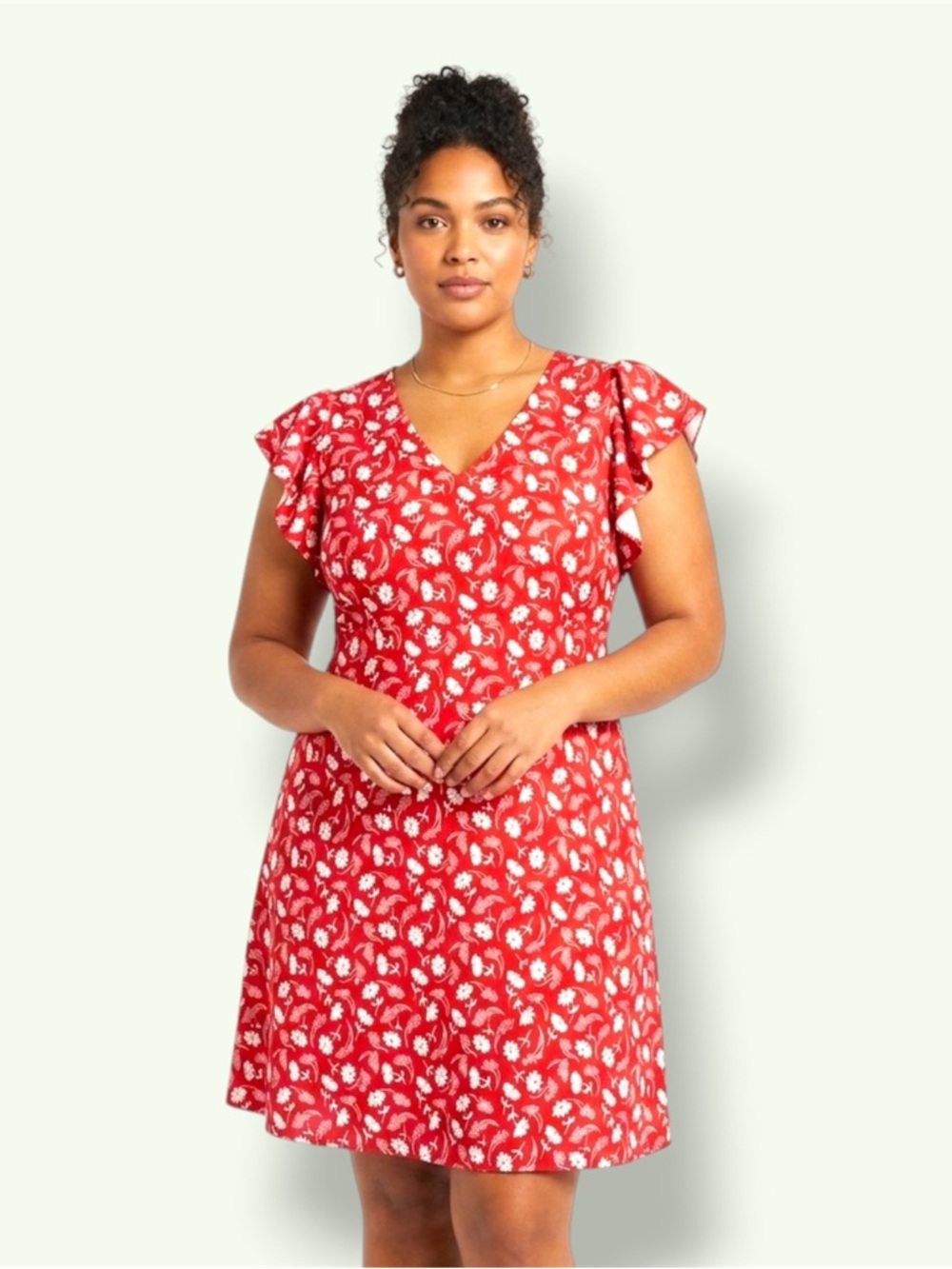 Red Floral V-Neck Flutter Sleeve Dress